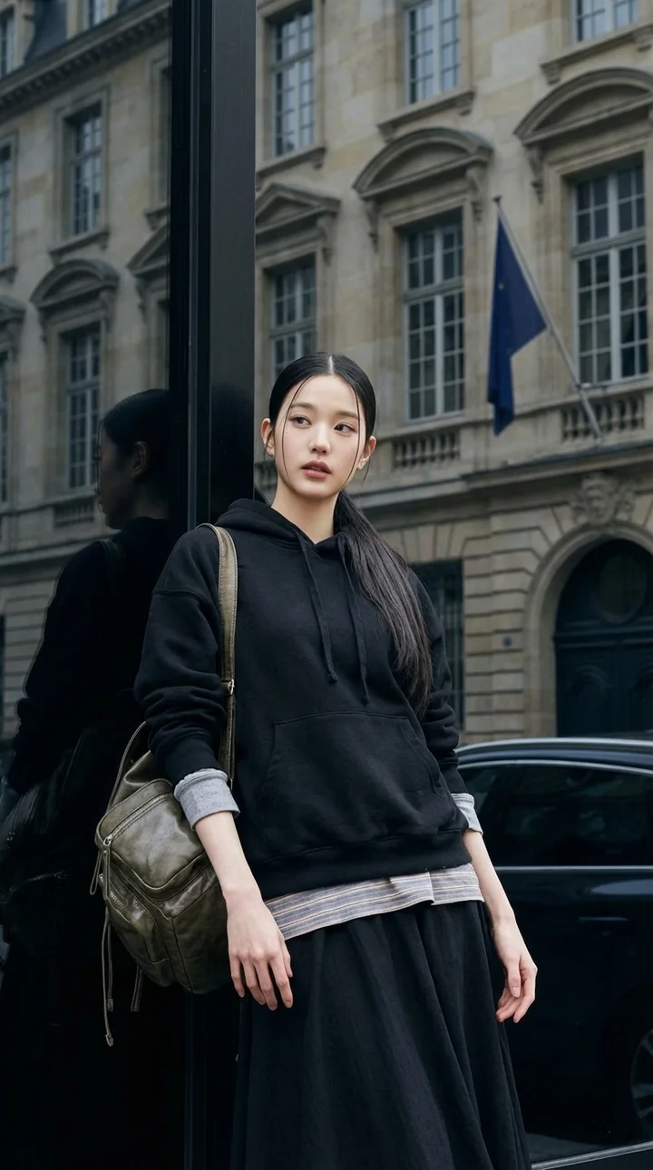 검은 미러 벽 앞에서